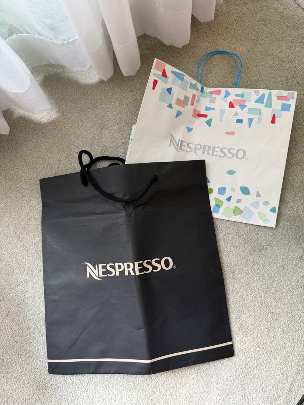 🗽2 Nespresso Branded Paper Shopping Bags - Black & White with Colorful Accents